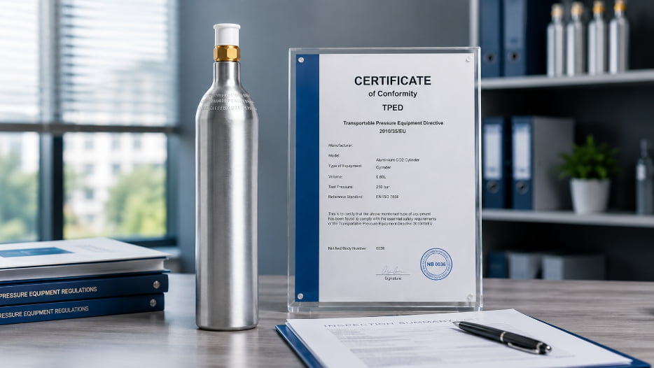 An official TPED certificate document next to a CO2 cylinder.
