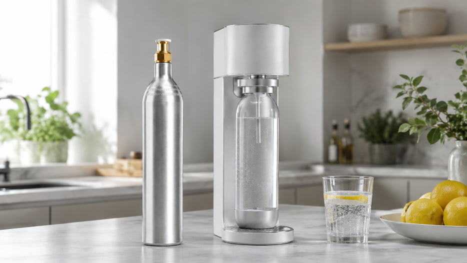 A CO2 cylinder with a TR21-4 valve next to a popular soda maker.